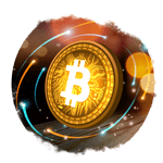 Futuristic Bitcoin Coin in golden with sparkles around